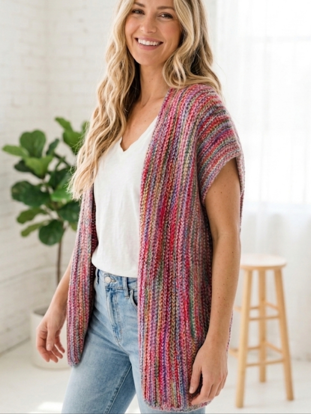 POL Rainbow Stripe Kimono Cardigan Open Front